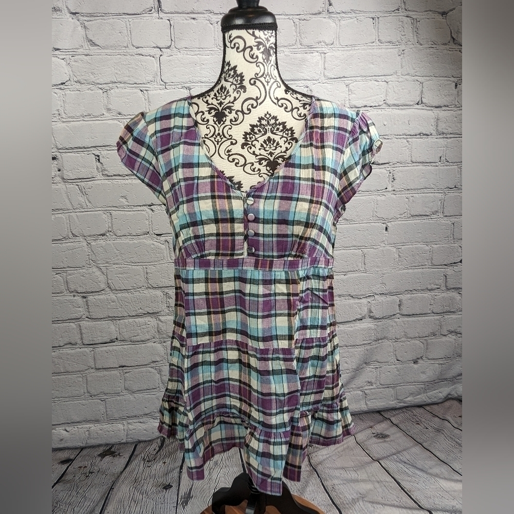 Caslon women's cap sleeve plaid print 1/2 button front popover shirt size m b12a